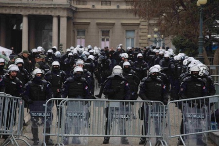Police officers on the streets of Belgrade during the March 15 protest